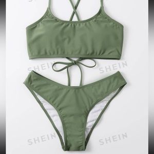 Mono Bikini Set Lace Up Backless Bra Top & Scrunch Butt Cheeky Bikini Bottom